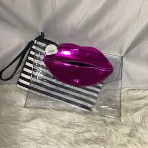 Allegro Conair 2pc Lips & Striped Clutches Wristlet Make Up Bags Travel